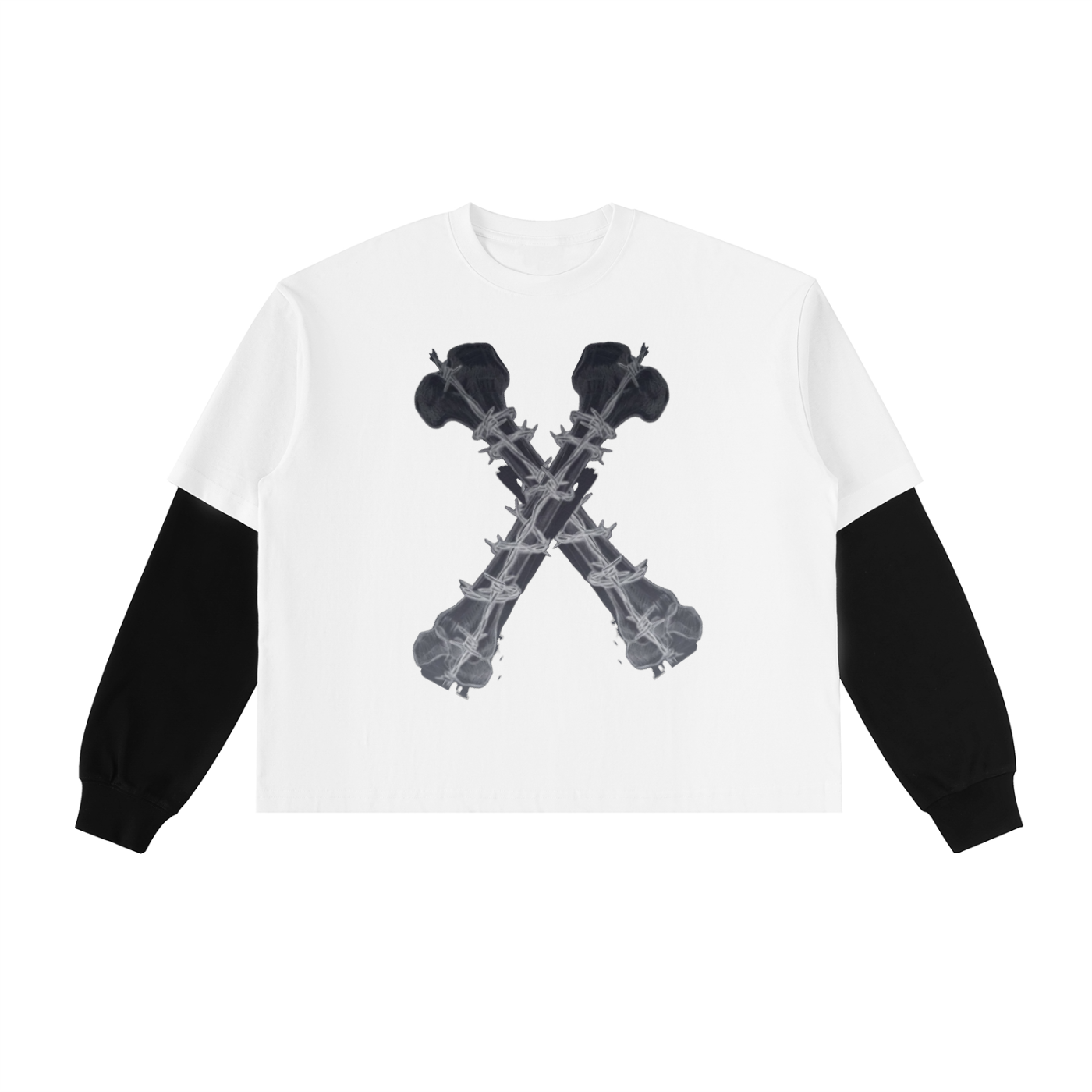 CROSSBONES WIRE Layered Contrast Sleeve Cotton T-Shirt