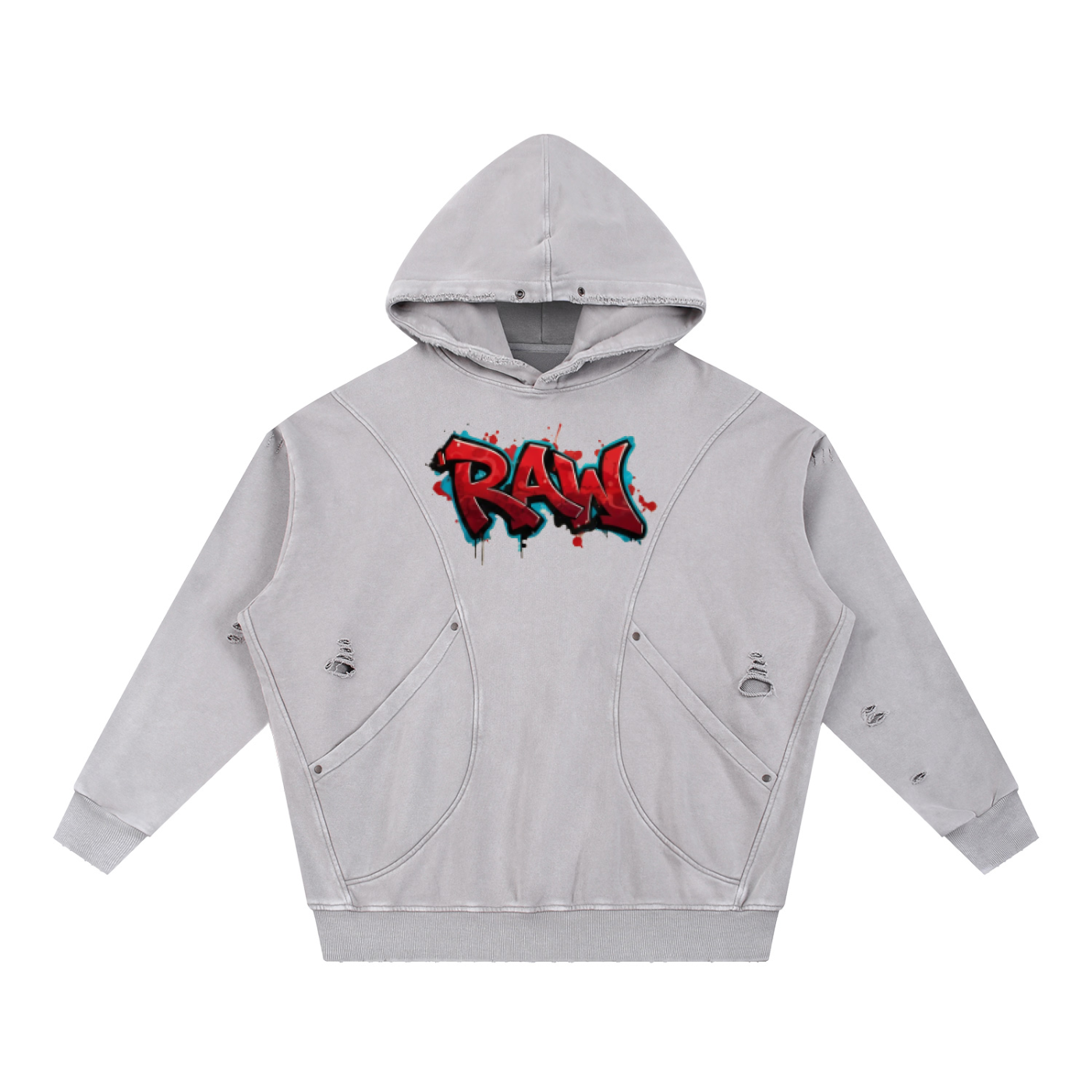 Snow Washed Distressed Panel Pocket Hoodie